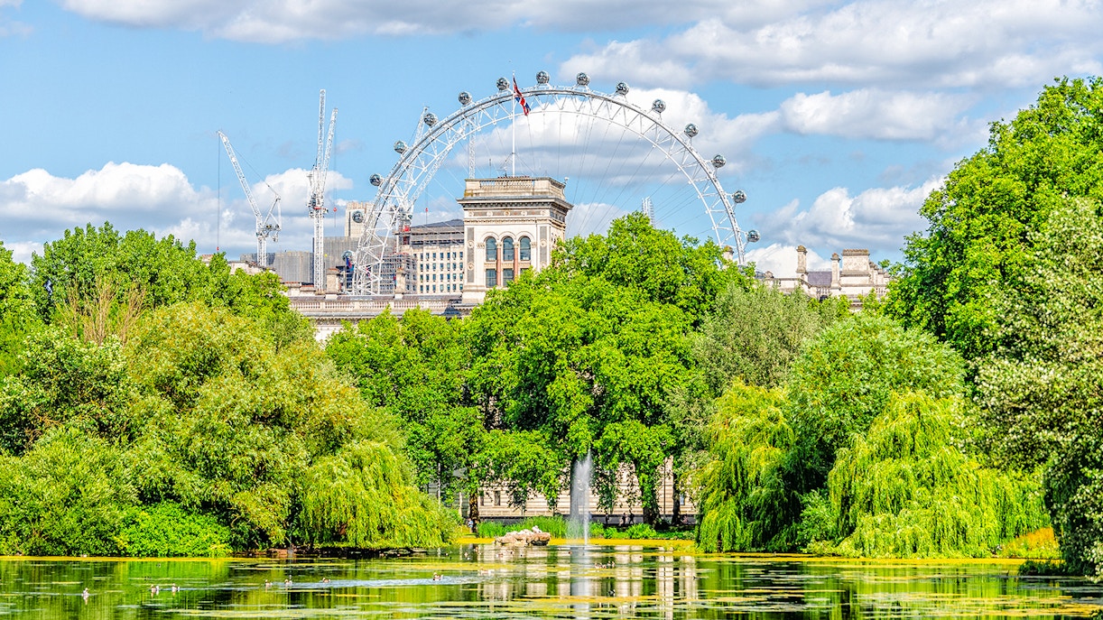 London Eye behind St James's Park lake and fountain, surrounded by greenery on a summer day.