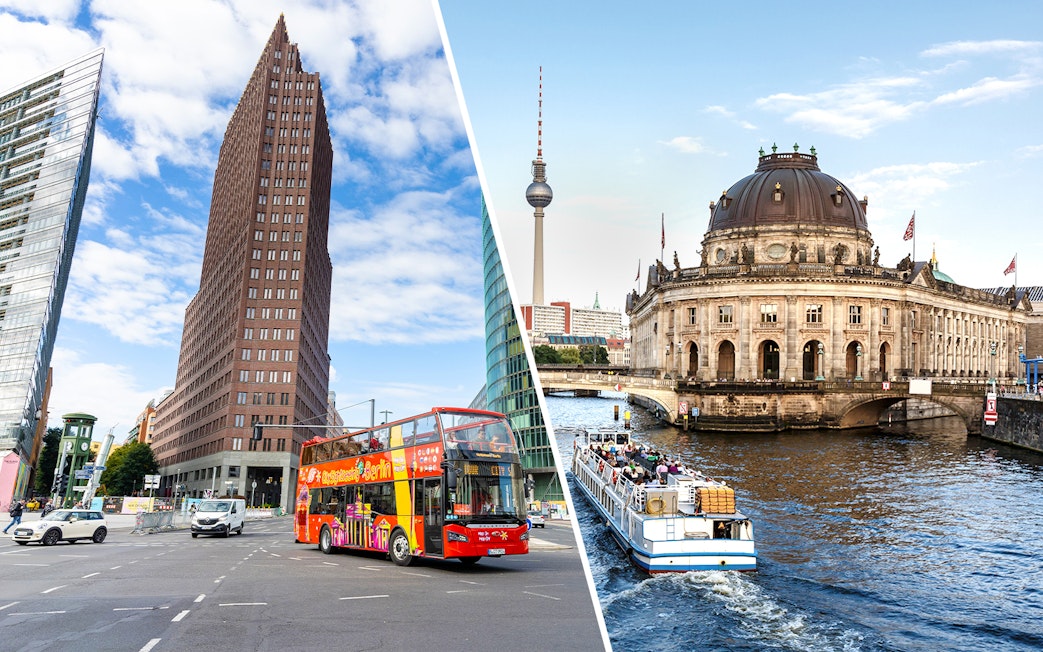 Berlin city tour bus at Potsdamer Platz and boat on Spree River near Bode Museum.