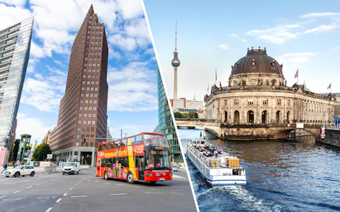 Berlin city tour bus at Potsdamer Platz and boat on Spree River near Bode Museum.