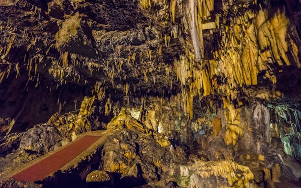 Stalactites and stalagmites inside Drogarati Caves, Kefalonia island, Greece.