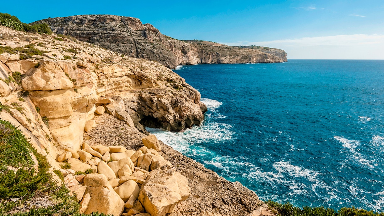 Dingli Cliffs coastline view in Malta with the Mediterranean Sea in the background.