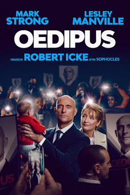 Oedipus Broadway show poster with actors holding a baby, surrounded by photographers.