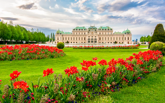Belvedere Palace gardens with red flowers, Vienna, Austria.