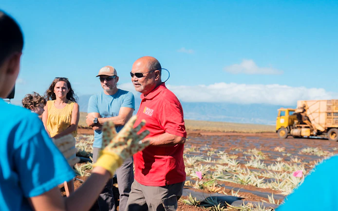 Tour guide explaining pineapple farming to visitors at a plantation with mountains in the background.