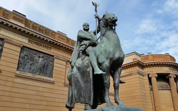 Statue of a rider on horseback outside the Art Gallery of New South Wales, Sydney.