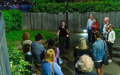 Group listening to guide during Sydney True Crime Stories tour at night.