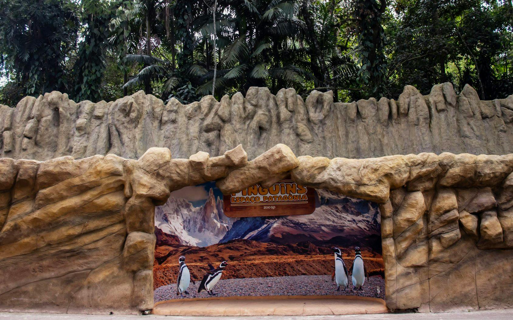 Penguin exhibit entrance at São Paulo Zoo with rock formations and forest backdrop.