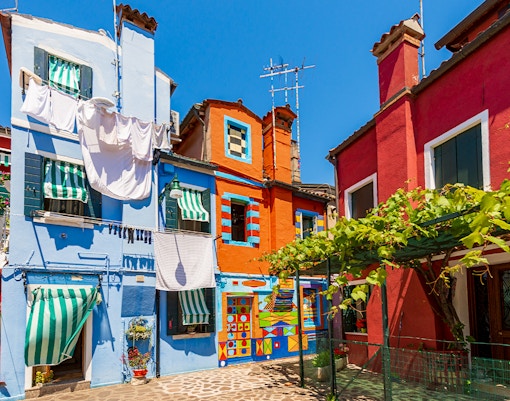 Bepi House in Burano, colorful facade in Venetian lagoon, Venice, UNESCO site, Veneto, Italy.