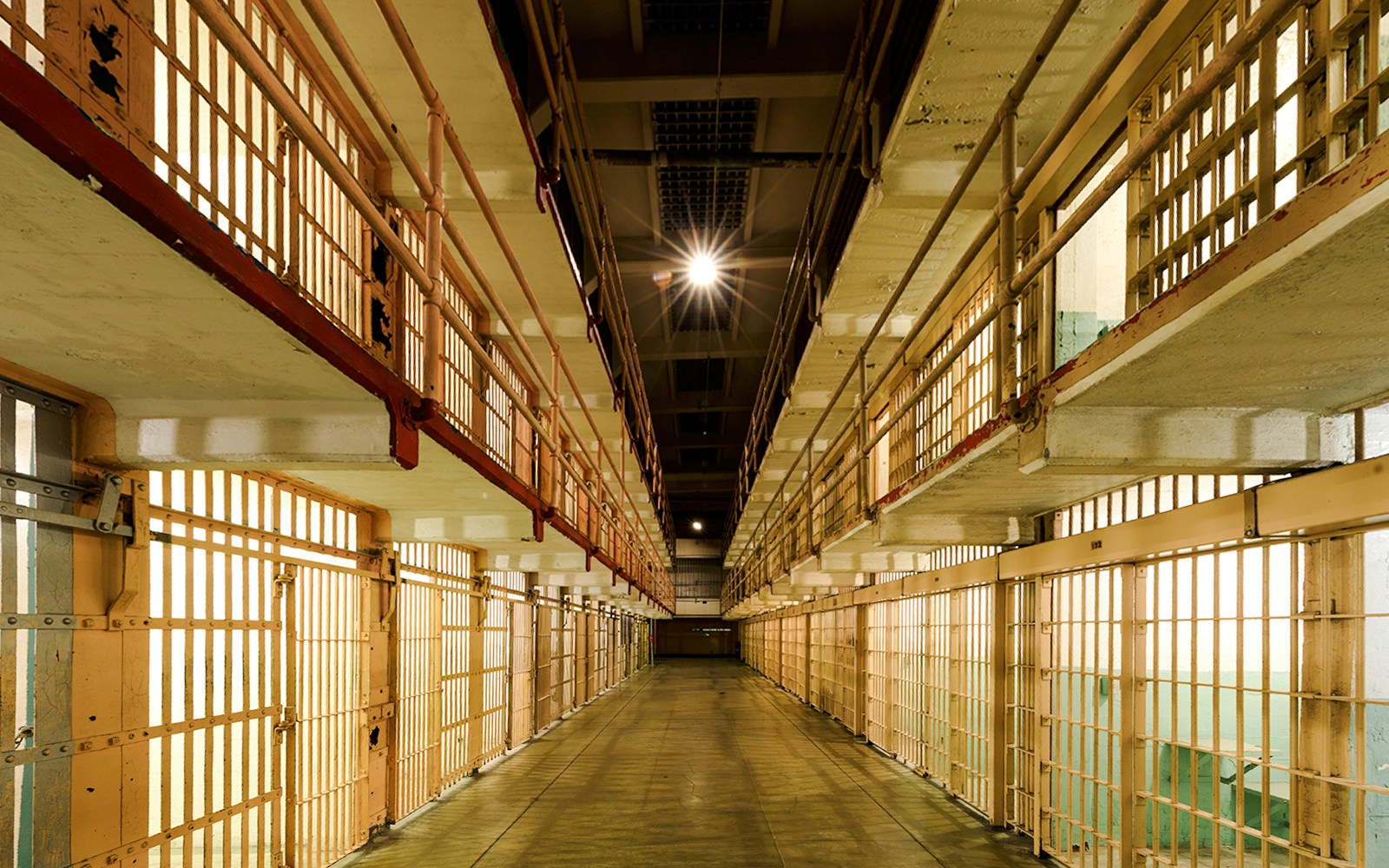 Broadway corridor between B and C Blocks in Alcatraz Prison.