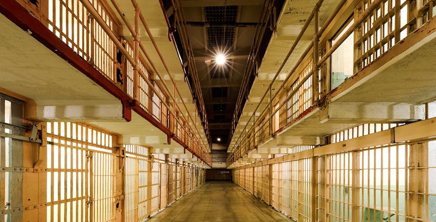 Broadway, the main corridor of the cell house dividing B and C Blocks of Alcatraz Prison