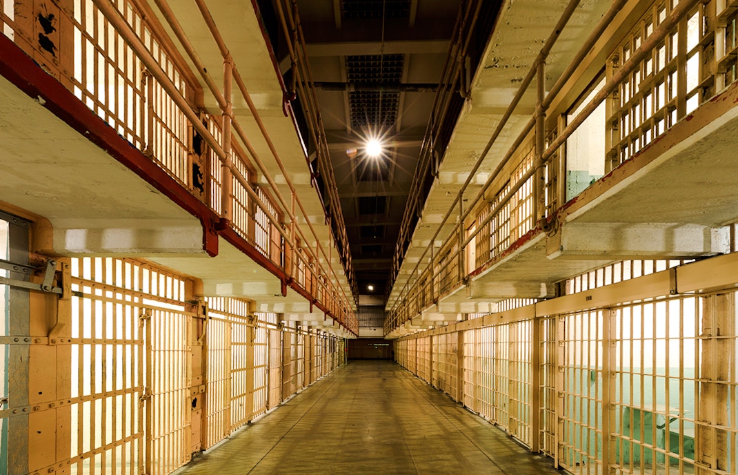 Broadway, the main corridor of the cell house dividing B and C Blocks of Alcatraz Prison