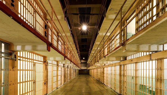 Broadway corridor between B and C Blocks in Alcatraz Prison.