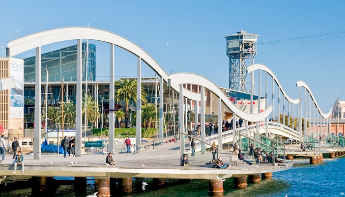 Port Vell Bareclona - People walking on Rambla de Mar