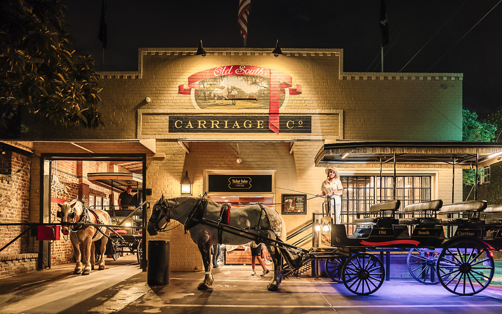Charleston horse-drawn carriage at Old South Carriage Co. at night.
