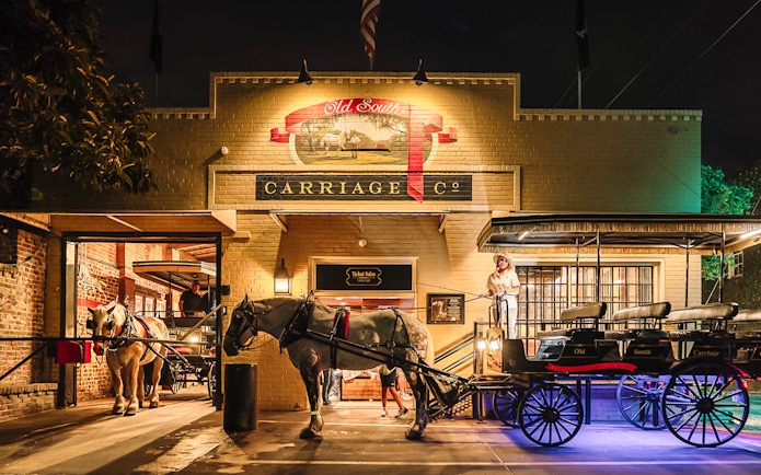 Charleston horse-drawn carriage at Old South Carriage Co. at night.
