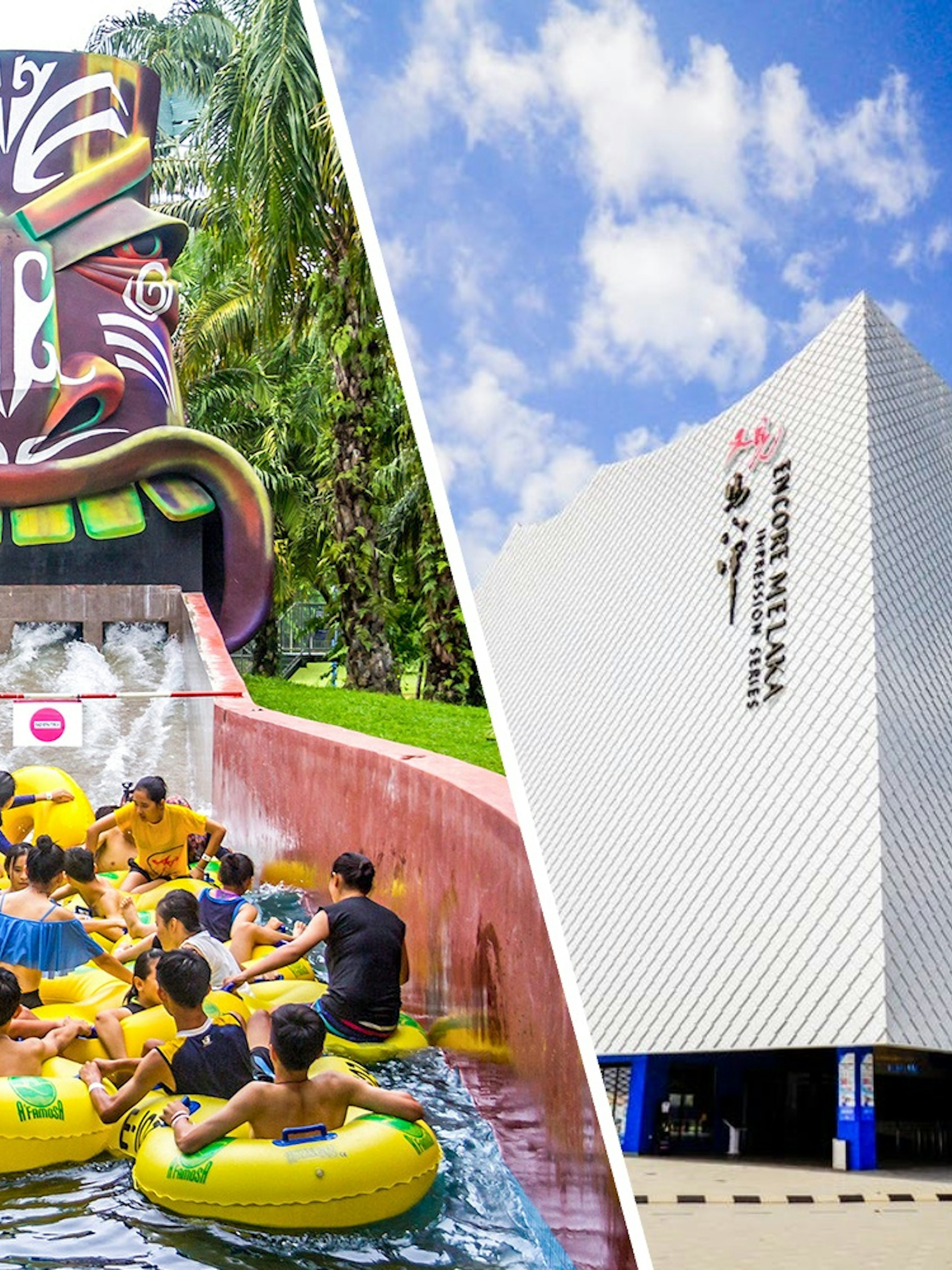Water park ride at A'Famosa Malacca and exterior of Encore Melaka theater.