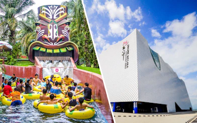 Water park ride at A'Famosa Malacca and exterior of Encore Melaka theater.