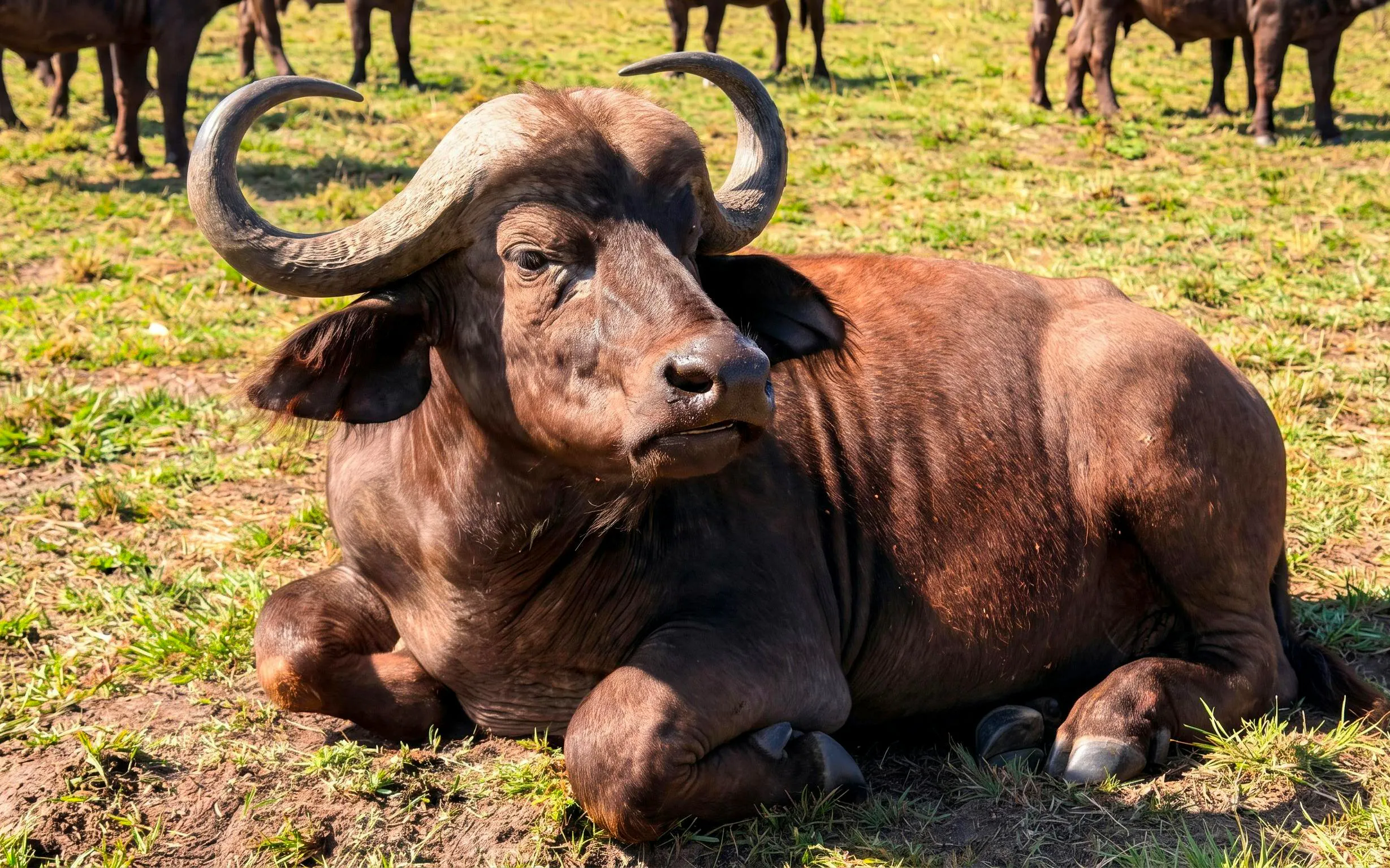 Buffalo resting on grassland in Masai Mara Safari, Kenya.