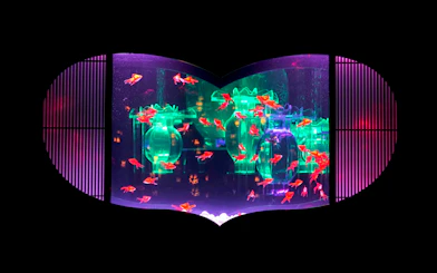 Colorful goldfish in illuminated tank at Art Aquarium Museum GINZA.