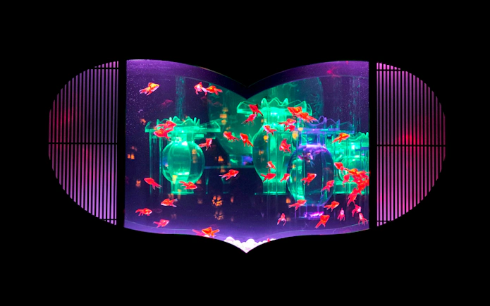 Colorful goldfish in illuminated tank at Art Aquarium Museum GINZA.