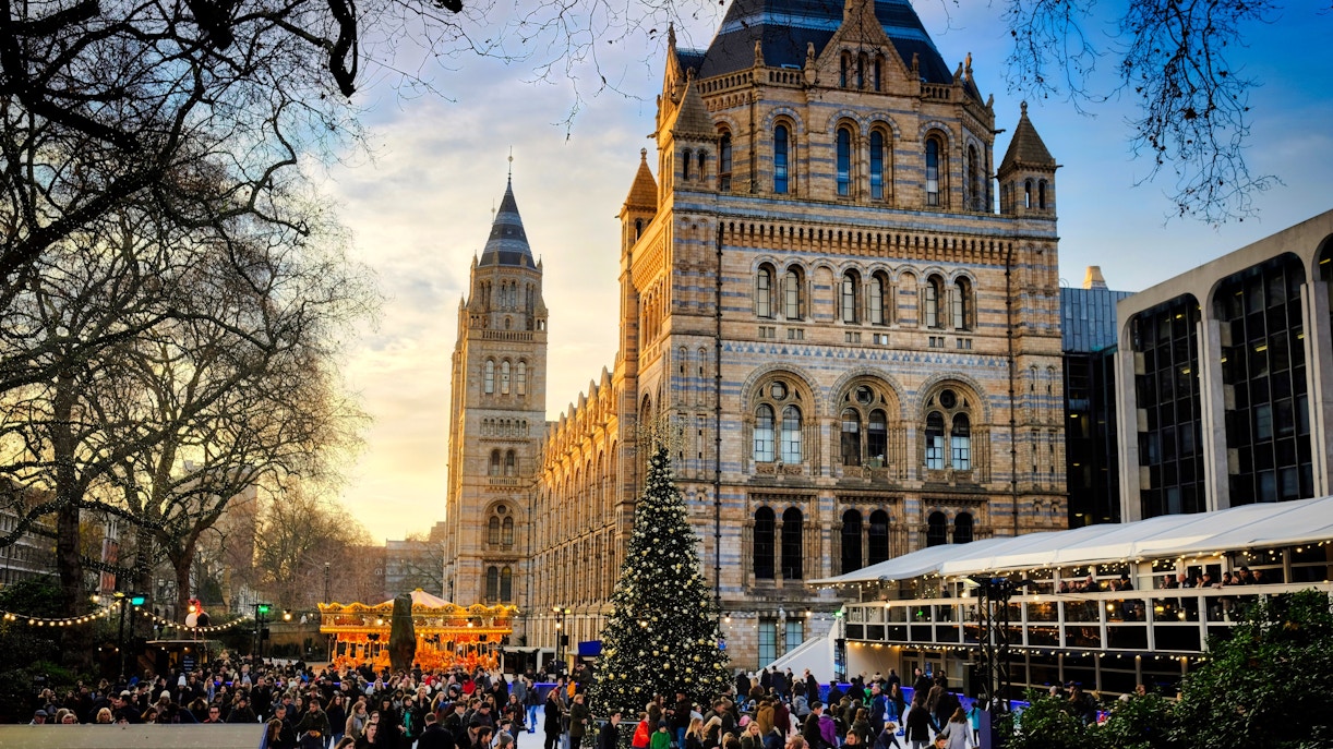 Crowd ice skating by a Christmas tree at the Natural History Museum in London.