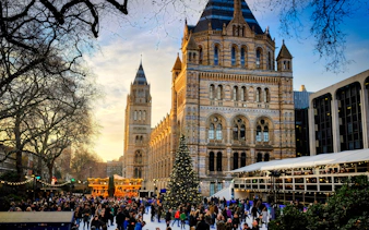 Crowd ice skating by a Christmas tree at the Natural History Museum in London.