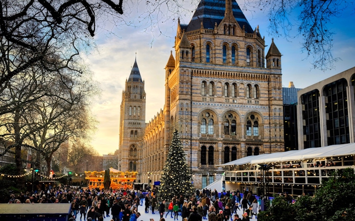 Crowd ice skating by a Christmas tree at the Natural History Museum in London.