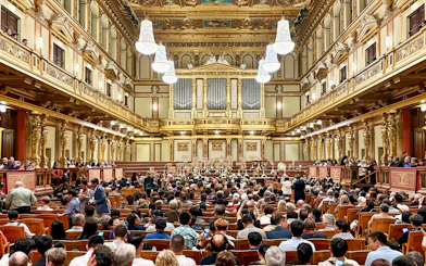 Audience seated in the ornate Musikverein concert hall, Vienna, for Vivaldi and Mozart performance.