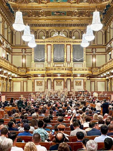 Audience seated in the ornate Musikverein concert hall, Vienna, for Vivaldi and Mozart performance.