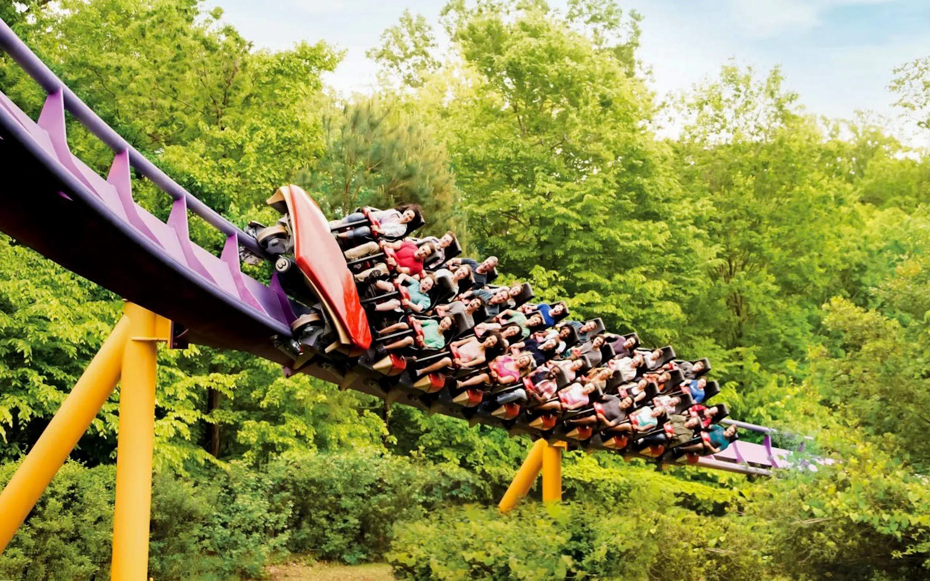 Riders on Apollo's Chariot roller coaster at Busch Gardens Williamsburg amidst lush greenery.