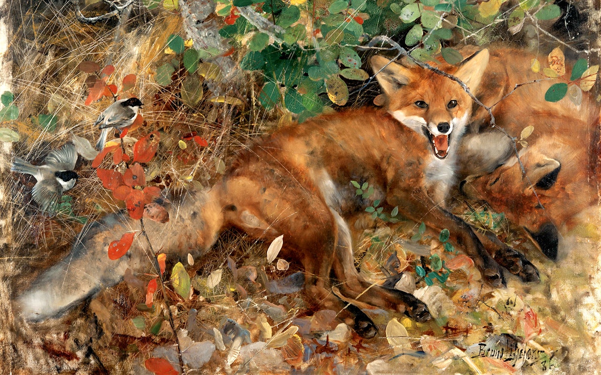 Foxes and birds in a forest scene, Bruno Liljefors exhibition at Petit Palais.