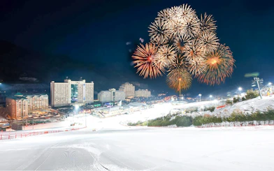 Fireworks display over Vivaldi Park Ski World at night.