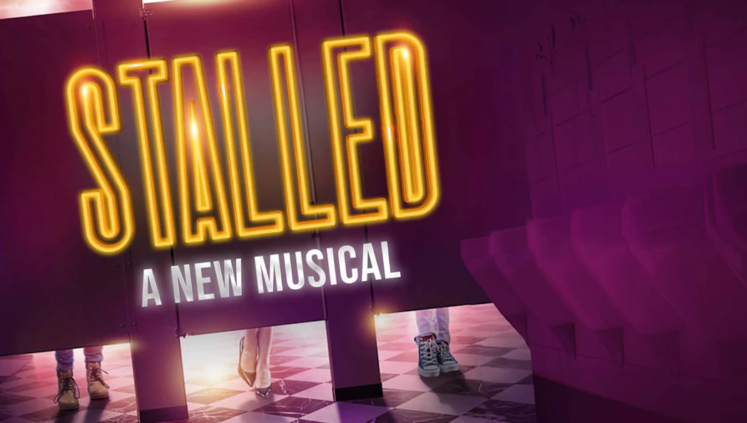 Stalled musical poster with restroom stalls and shoes visible underneath.