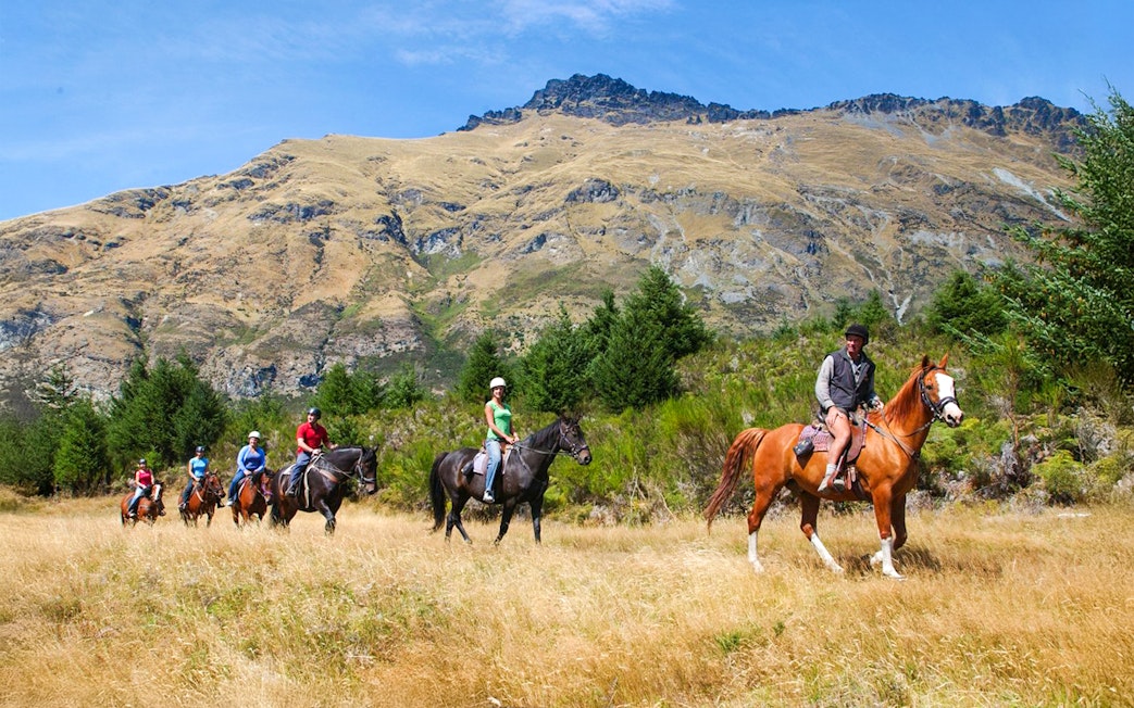 Horse trekking group at Walter Peak with mountain backdrop, Queenstown.