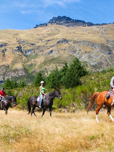 Horse trekking group at Walter Peak with mountain backdrop, Queenstown.