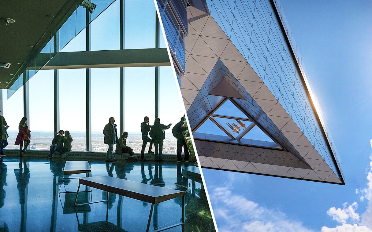 Visitors enjoying views at One World Observatory and Edge Observation Deck in New York City.