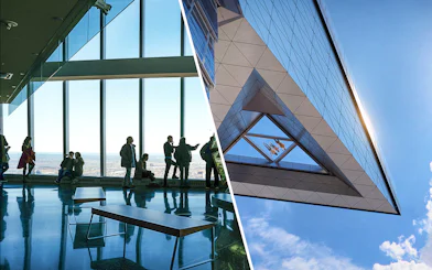 Visitors enjoying views at One World Observatory and Edge Observation Deck in New York City.
