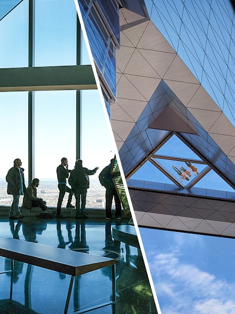 Visitors enjoying views at One World Observatory and Edge Observation Deck in New York City.