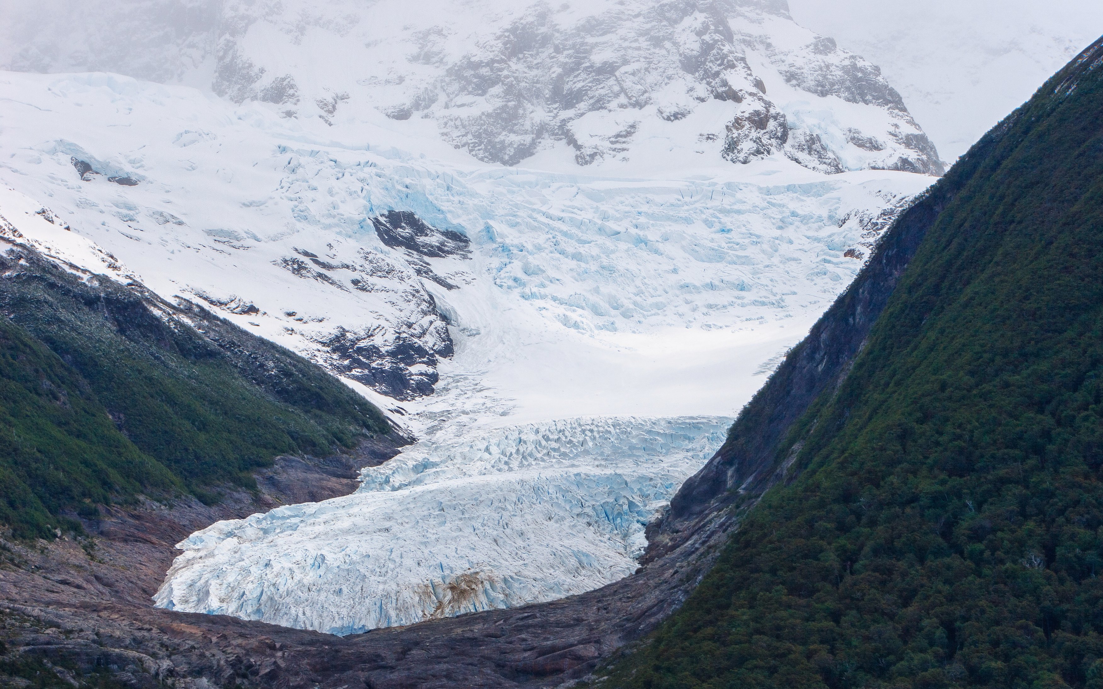 Seco Glacier nestled between forested mountains in Argentina.