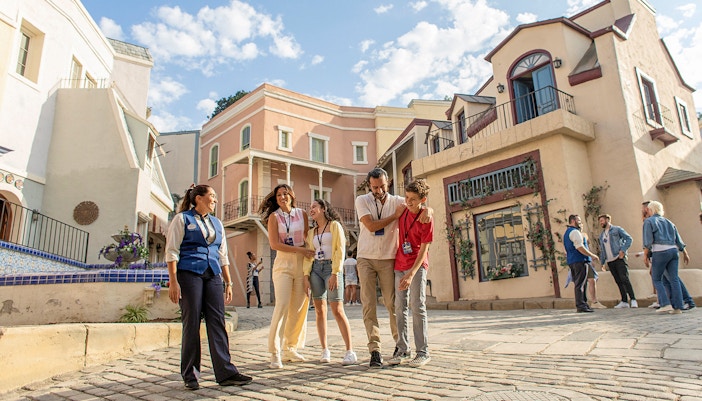 Visitors exploring attractions at Universal Studios Hollywood, Los Angeles.