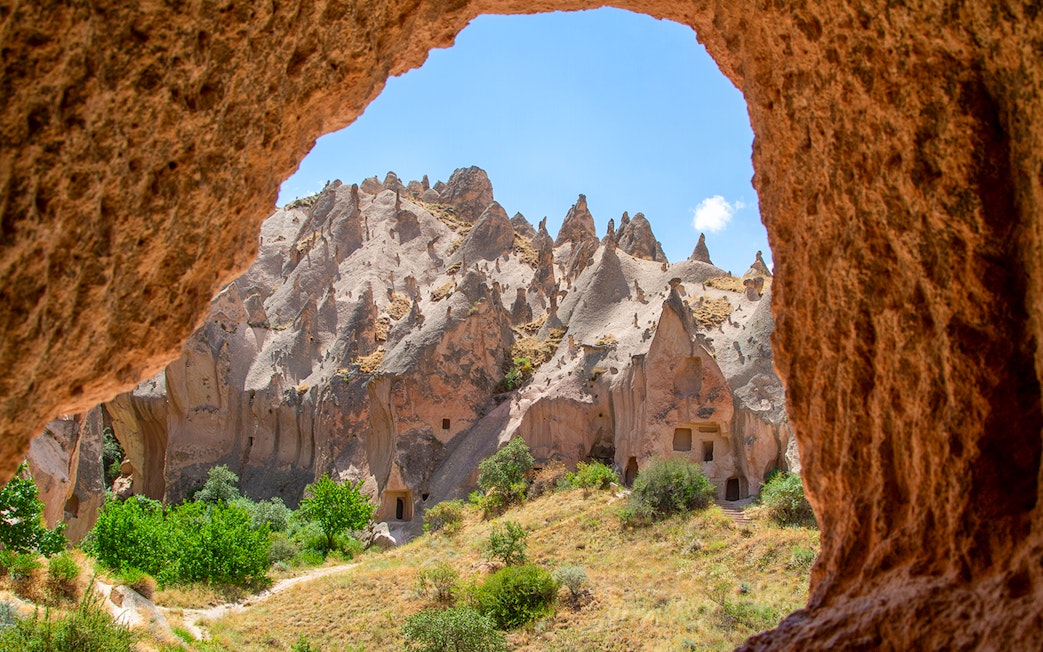 Zelve Open Air Museum rock formations and cave dwellings in Cappadocia, Turkey.