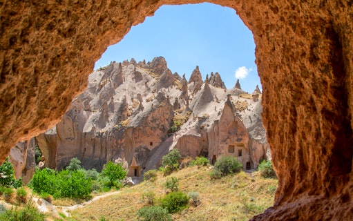 Zelve Open Air Museum rock formations and cave dwellings in Cappadocia, Turkey.