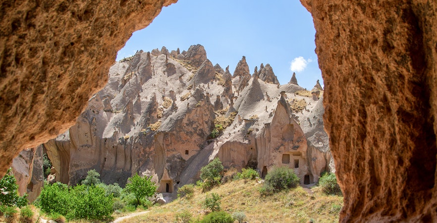 Zelve Open Air Museum rock formations and cave dwellings in Cappadocia, Turkey.