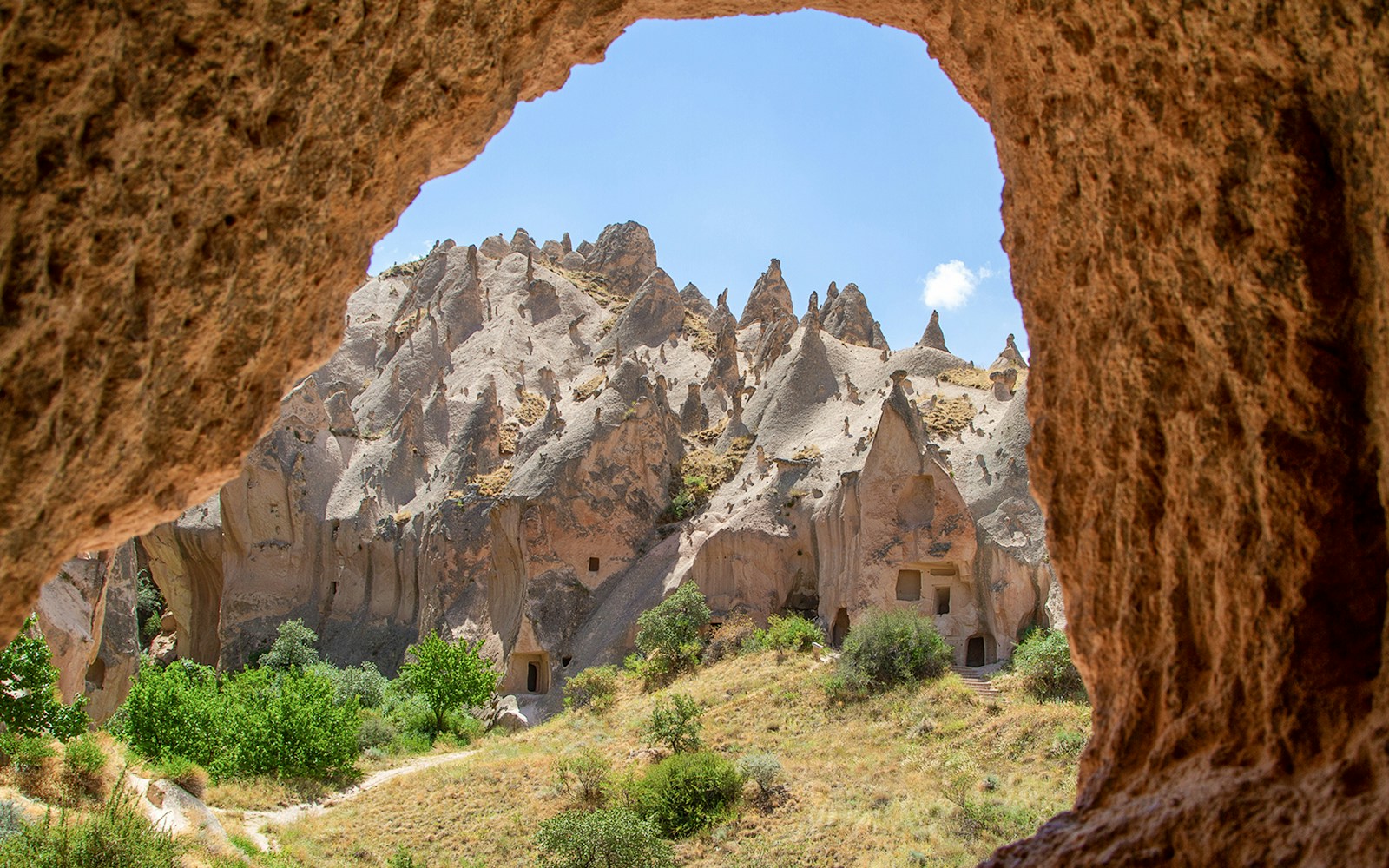 Zelve Open Air Museum rock formations and cave dwellings in Cappadocia, Turkey.