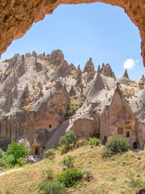 Zelve Open Air Museum rock formations and cave dwellings in Cappadocia, Turkey.