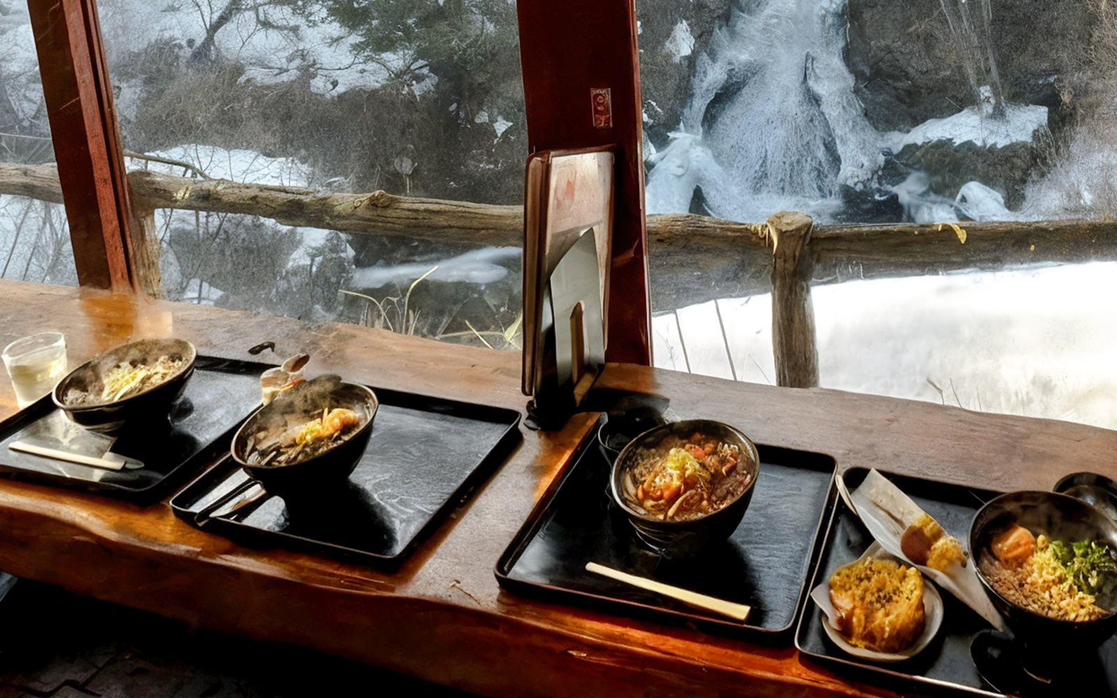 Bowls of steaming noodles on a table at Ryuzu no Chaya, overlooking Ryūzu Falls.