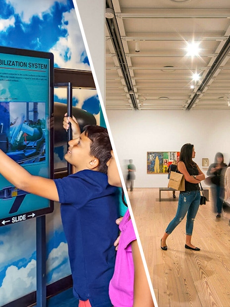 Intrepid Museum interactive exhibit and visitors at Whitney Museum of American Art.