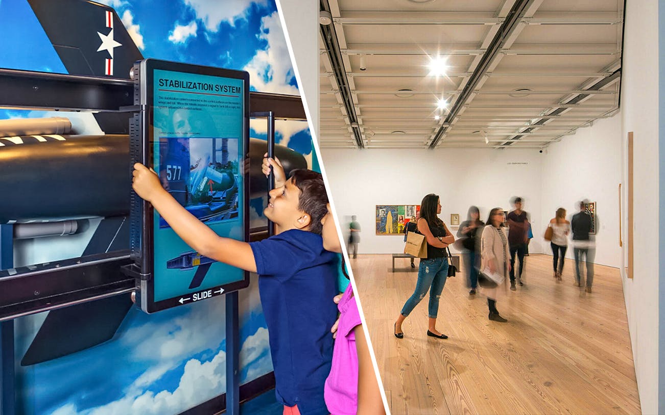Intrepid Museum interactive exhibit and visitors at Whitney Museum of American Art.