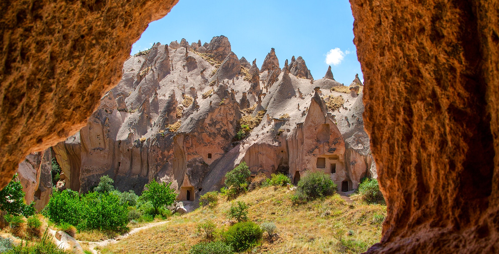 Zelve Open Air Museum rock formations and cave dwellings in Cappadocia, Turkey.