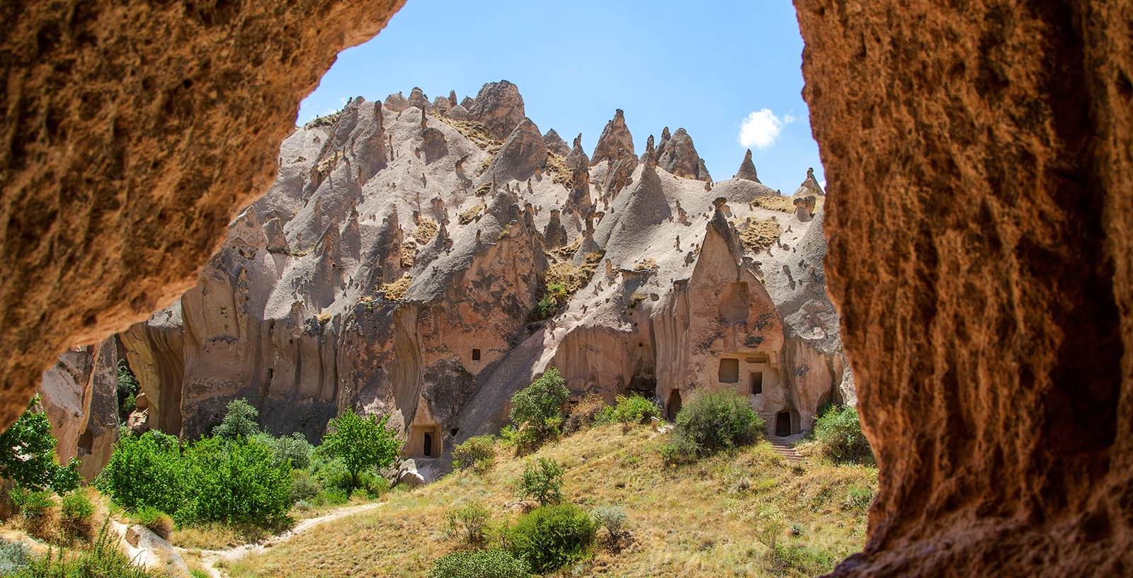 Zelve Open Air Museum rock formations and cave dwellings in Cappadocia, Turkey.